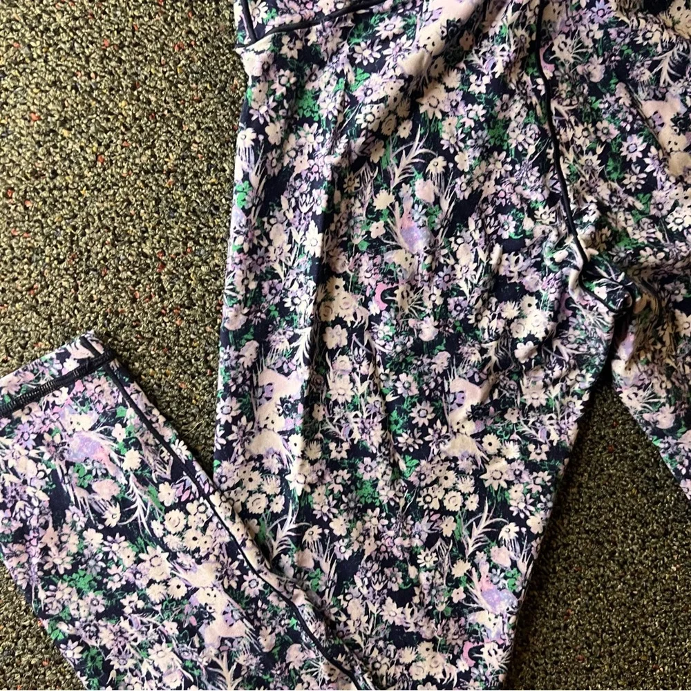 AERIE Criss Cross V Band Blue & Green Floral Stretch Spandex Leggings Pants Sz M - Picture 11 of 13